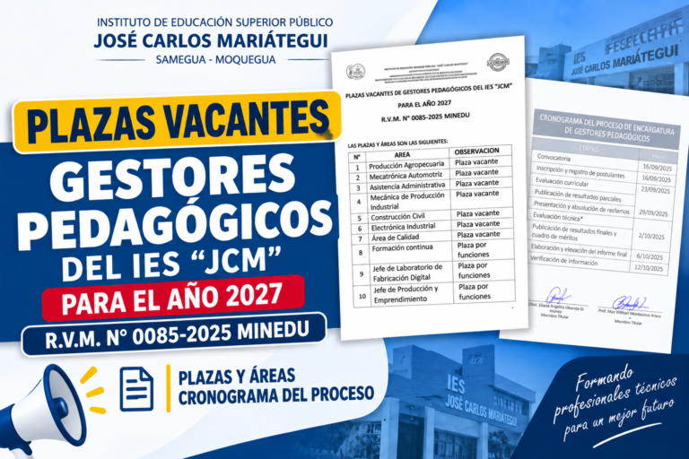 PLAZAS VACANTES DE GESTORES DEL IES JCM PARA EL AÑO 2027 R.VM. N°0085-2025 MINEDU
