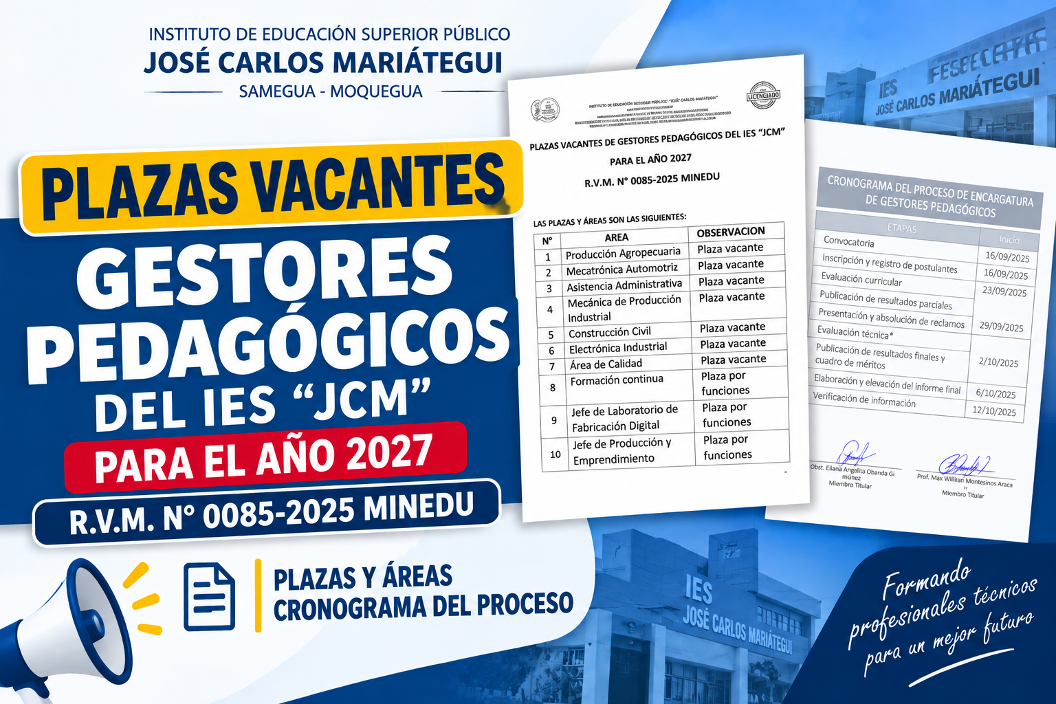 PLAZAS VACANTES DE GESTORES DEL IES JCM PARA EL AÑO 2027 R.VM. N°0085-2025 MINEDU