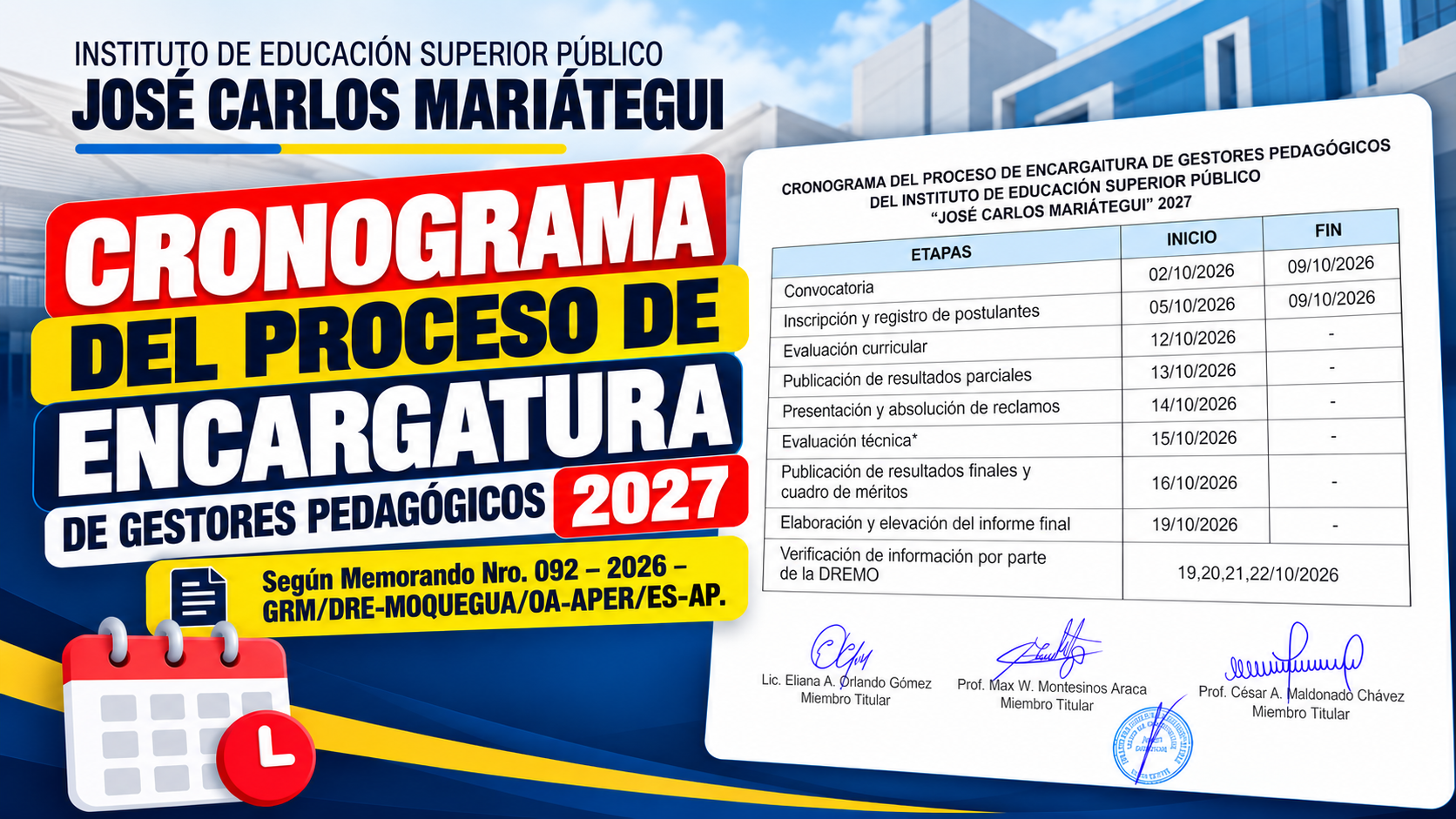 CRONOGRAMA DEL PROCESO DE ENCARGATURA DE GESTORES PEDAGÓGICOS DEL IES. JOSÉ CARLOS MARIÁTEGUI 2027